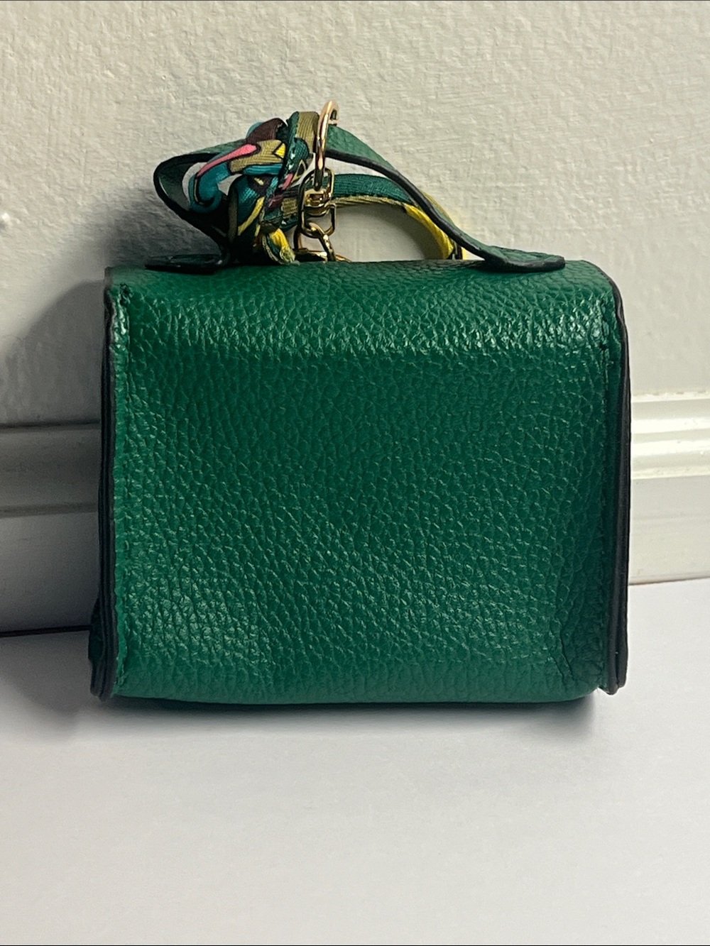 Green Mini Crossbody Key Chain Bag or Charm w/Gold Hardware & Mini Scarf 3x2x1 - Picture 3 of 10